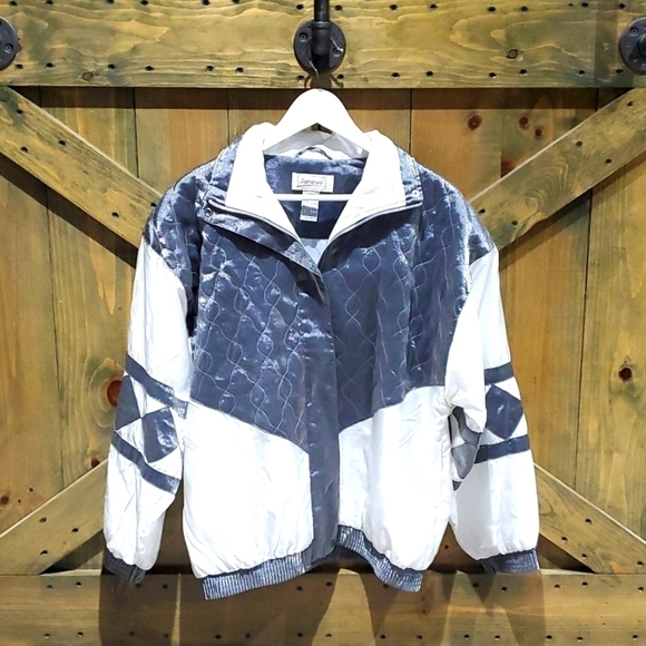 Vintage Jackets & Blazers - VINTAGE JANEVE SILVER WHITE JACKET TRACK ACTIVEWEAR SIZE MEDIUM SHOULDER PADS